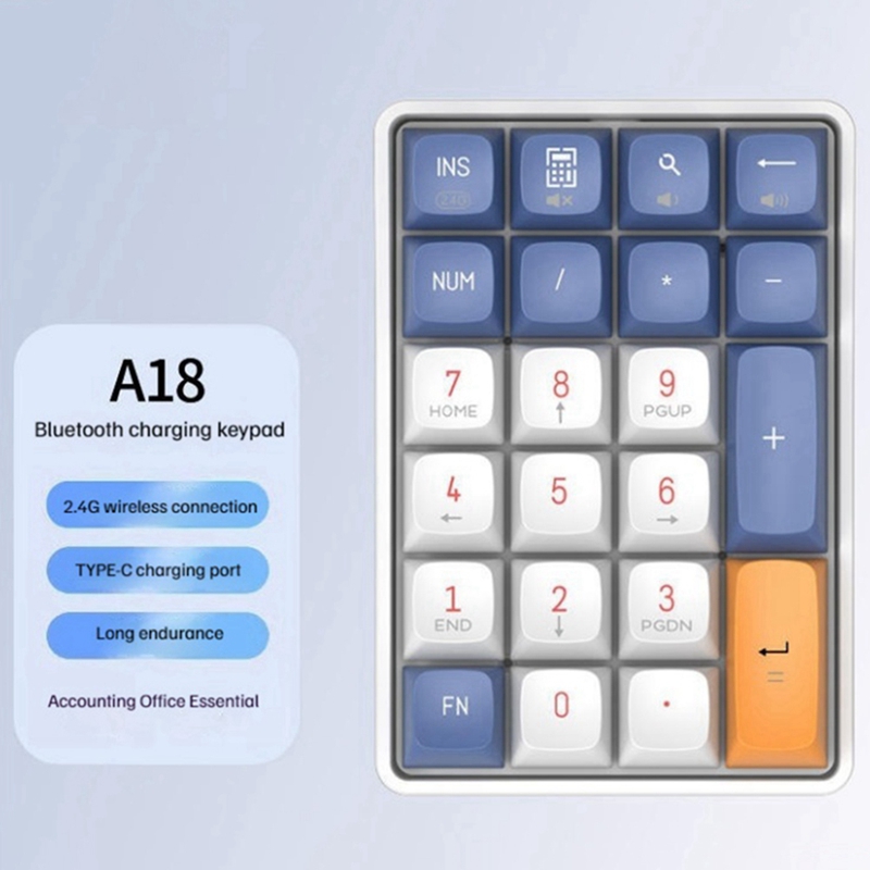 Aigo A18 Keypad: Features list including Bluetooth, 2.4G wireless, Type-C charging, and long endurance.